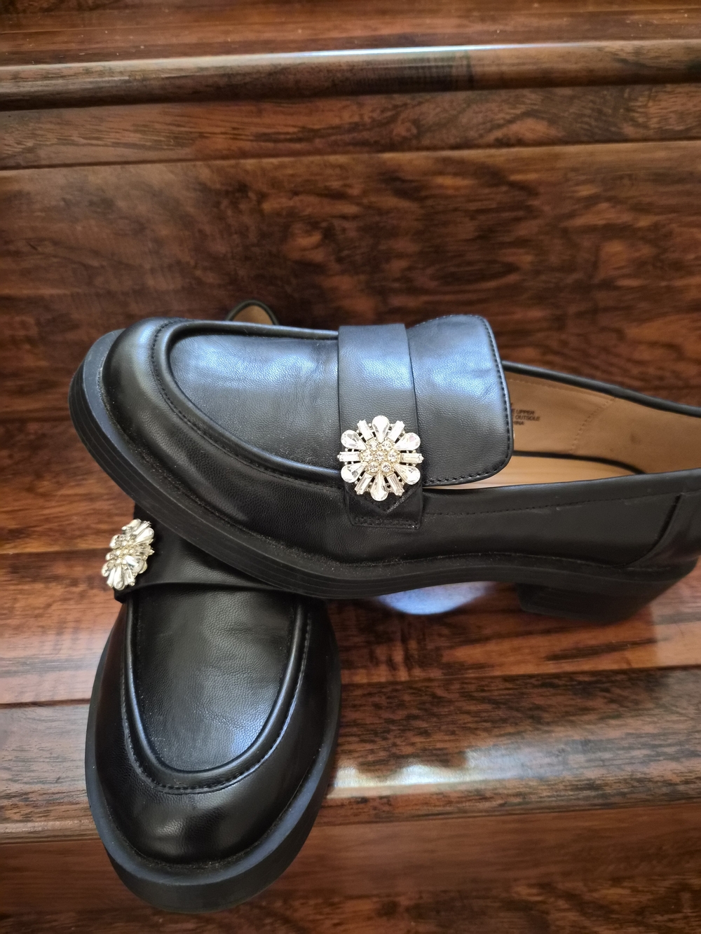 BCBGeneration Black Leather Loafer with Gold Crystal Brooch - Picture 2 of 9